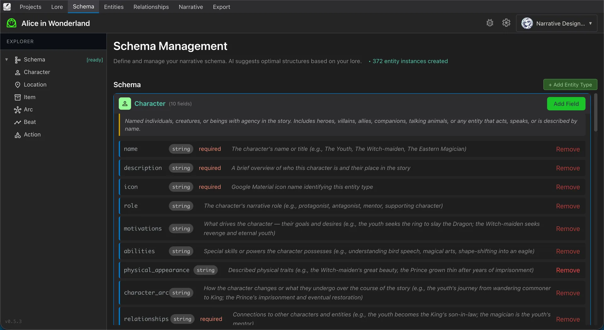 LoreWeaver Architect entity management panel with characters and locations